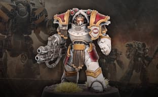 The Warhammer community painted Terminator and shield-bearing Space Marine miniatures from "The Horus Heresy"