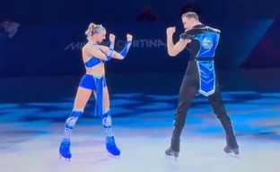 Figure skaters show a Mortal Kombat-style "fight" at the Milan Olympics