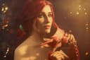 Una modelo muestra un cosplay de Triss de The Witcher 3: Wild Hunt con un atuendo para un baile de máscaras