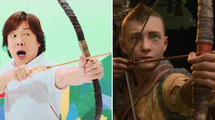 Японская реклама God of War Ragnarok. Мужчины веселятся, а Кратос стабильно хмурый