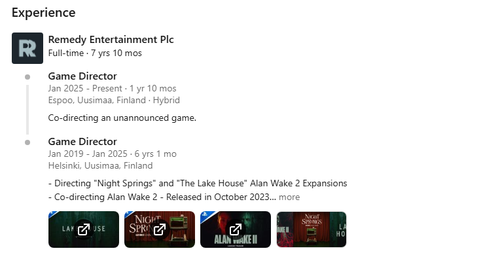 Режиссёр Alan Wake 2 уже почти два года работает над секретной игрой Remedy