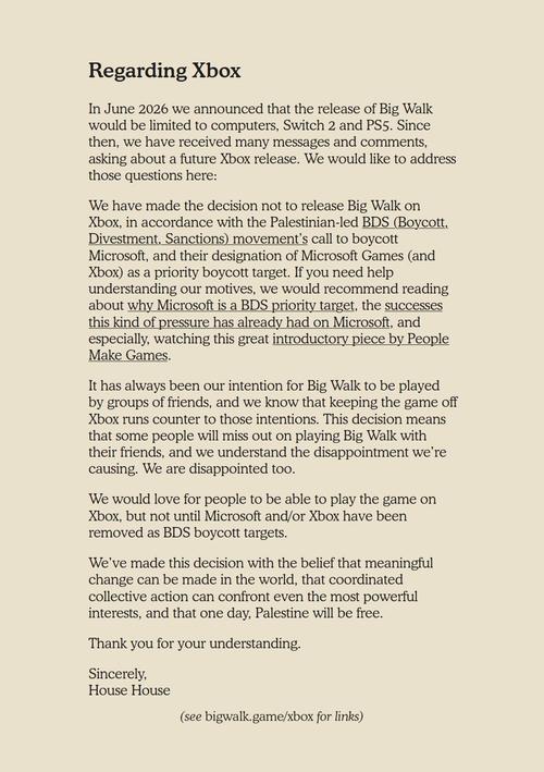 Los creadores de Big Walk se negaron a lanzar el juego en Xbox debido al boicot a Microsoft