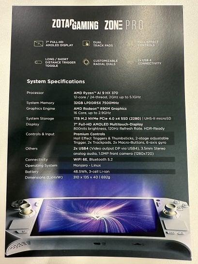Zotac Zone Pro specifications on the exhibition stand