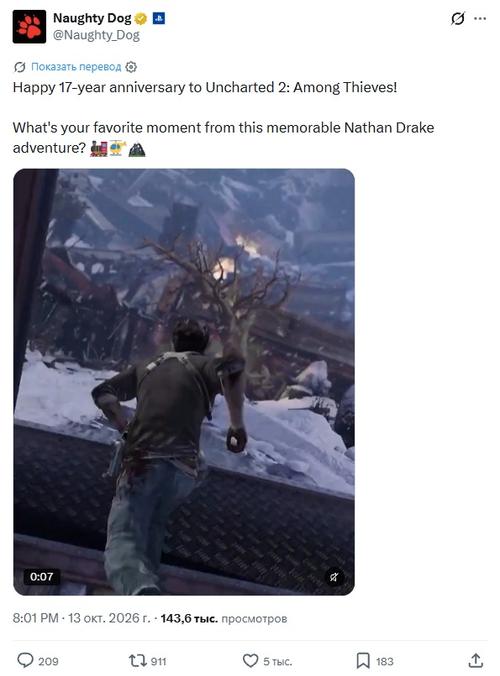 Uncharted 2 turns 17 - many consider it Naughty Dog's best game